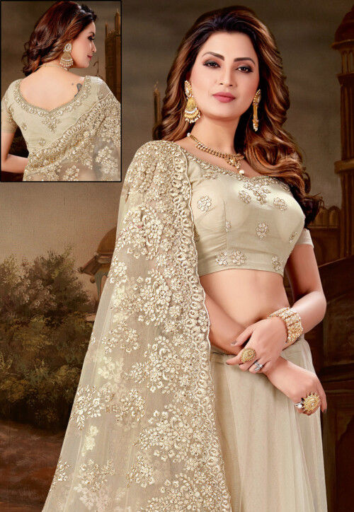 Embroidered Net Scalloped Saree in Beige