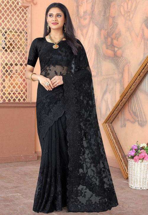 Embroidered Net Scalloped Saree in Black