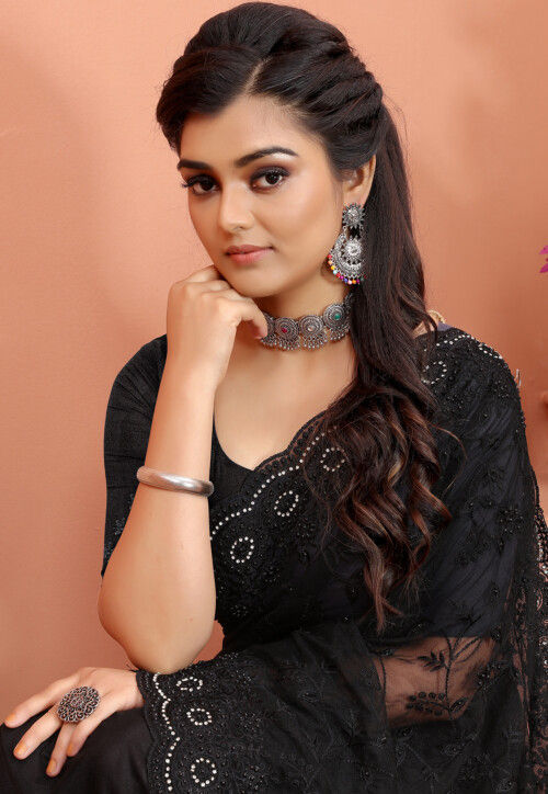 Embroidered Net Scalloped Saree in Black