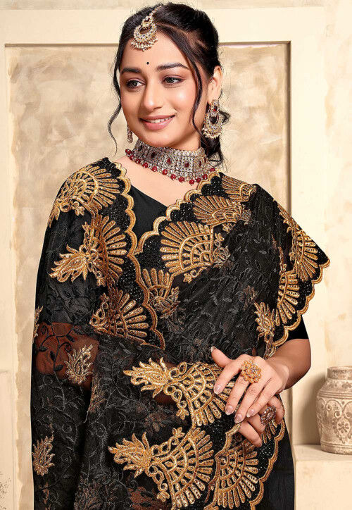 Buy Bold Floral Saree 'Sweet Escape' Scalloped Muslin Saree : Black And Floral Saree