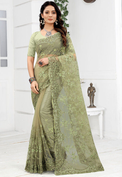 Embroidered Net Scalloped Saree in Dusty Green
