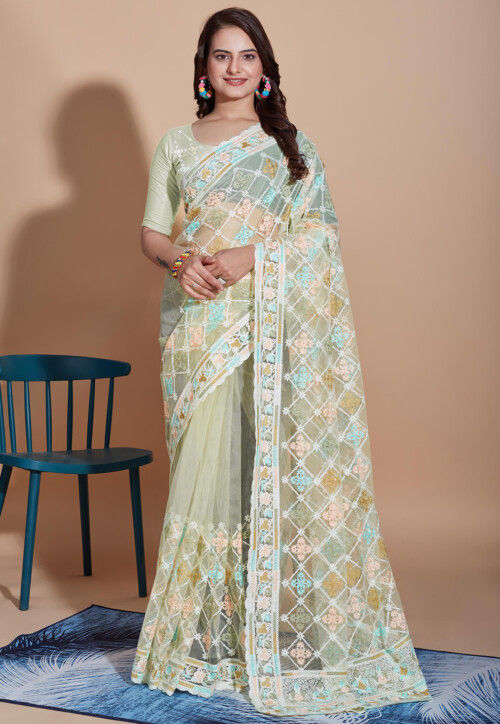 Embroidered Net Scalloped Saree in Dusty Green