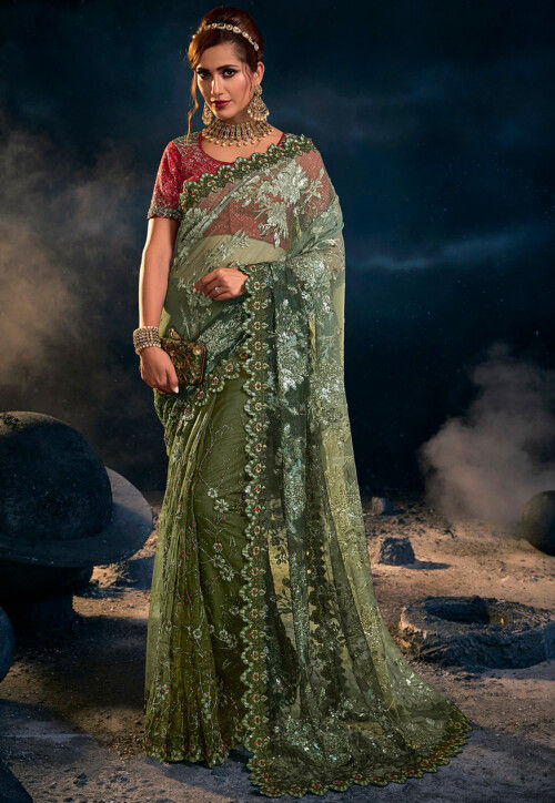 Embroidered Net Scalloped Saree in Green