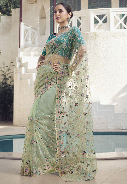 Embroidered Net Scalloped Saree in Light Green