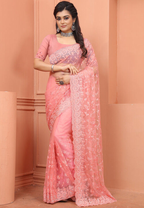Embroidered Net Scalloped Saree in Peach
