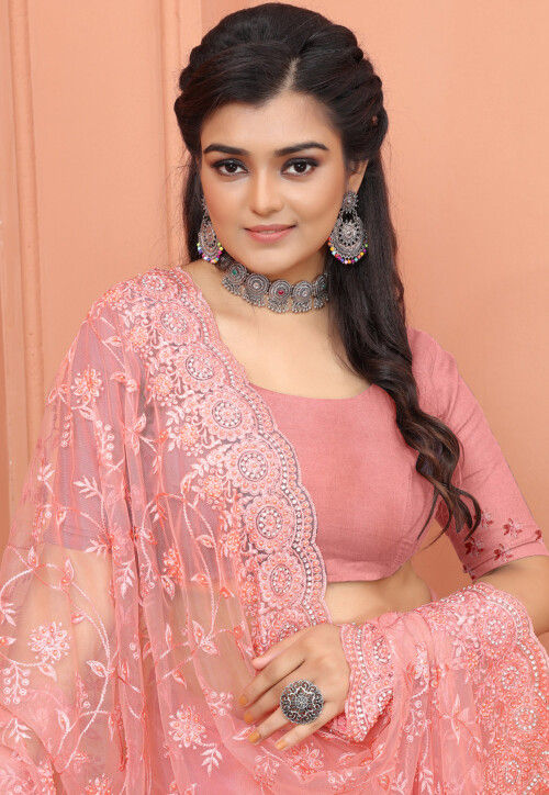 Embroidered Net Scalloped Saree in Peach