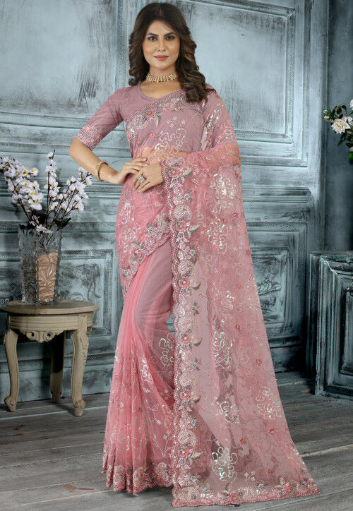 Embroidered Net Scalloped Saree in Pink