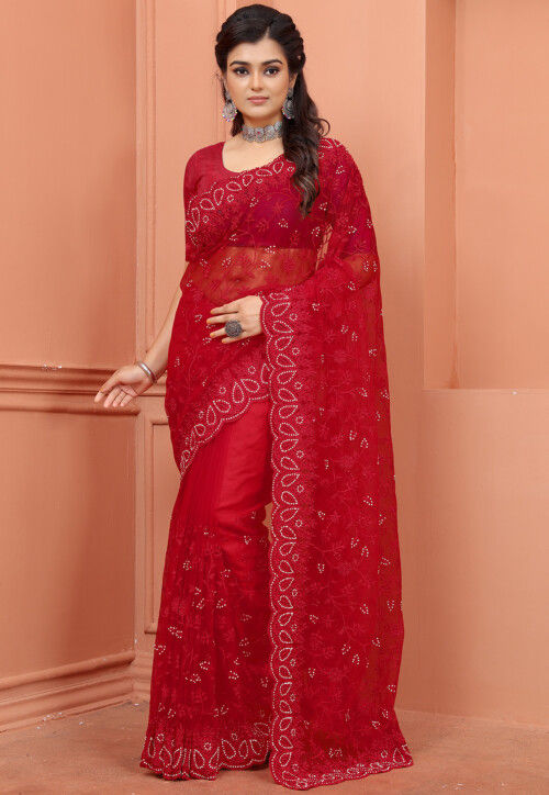 Embroidered Net Scalloped Saree in Red