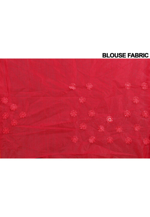 Embroidered Net Scalloped Saree in Red