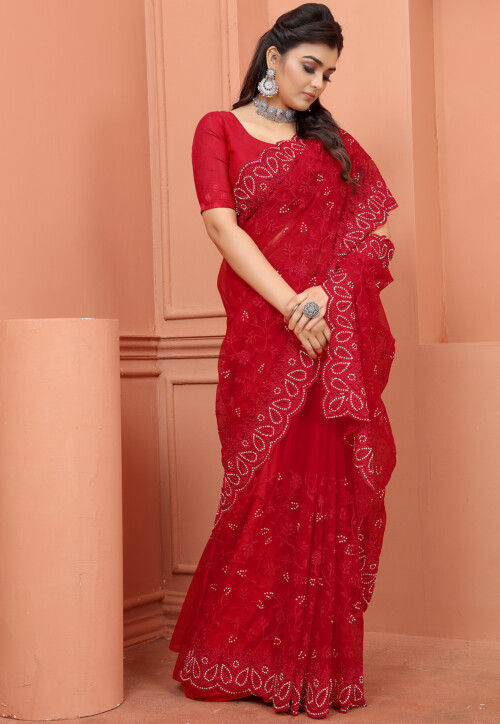 Embroidered Net Scalloped Saree in Red