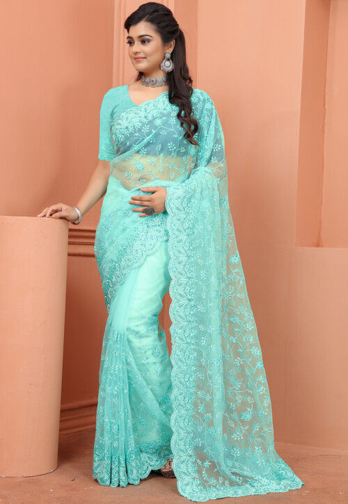 Embroidered Net Scalloped Saree in Sea Green