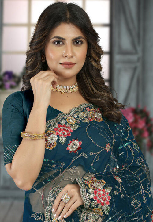 Embroidered Net Scalloped Saree in Teal Blue