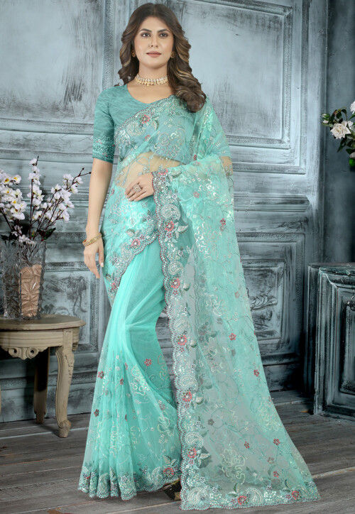 Embroidered Net Scalloped Saree in Turquoise