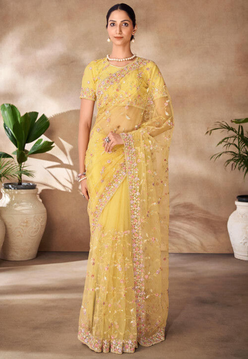 Embroidered Net Scalloped Saree in Yellow