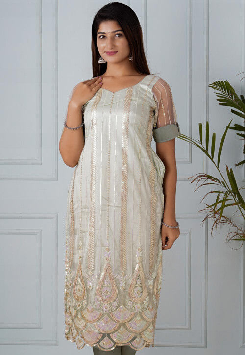 Embroidered Net Straight Kurta in Pastel Green