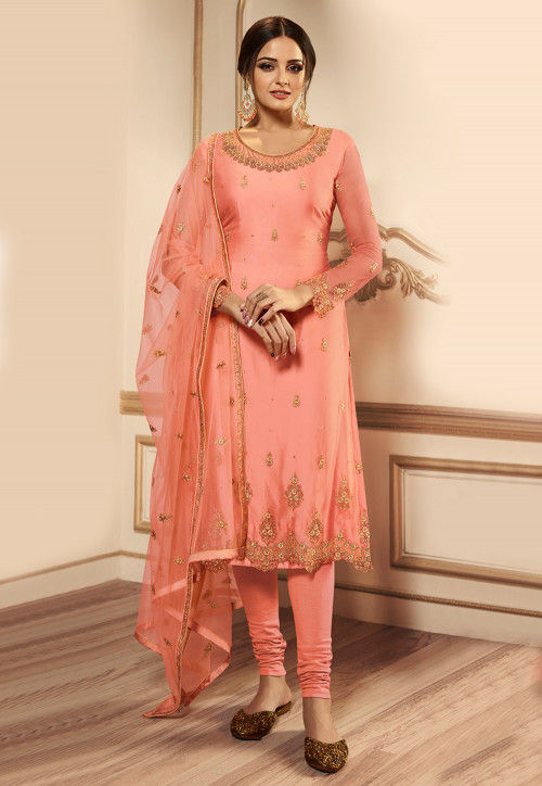 Embroidered Net Straight Suit in Peach : KPW1083