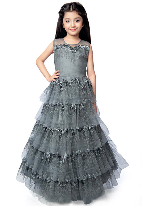 Embroidered Net Tiered Gown in Grey