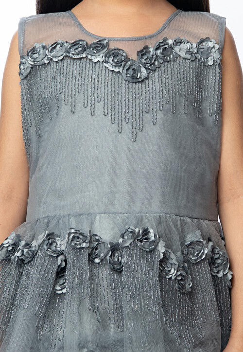 Embroidered Net Tiered Gown in Grey