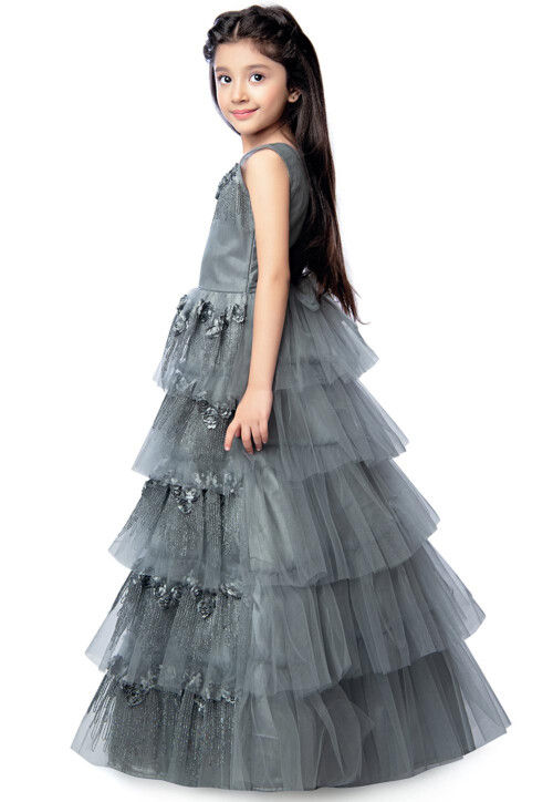 Embroidered Net Tiered Gown in Grey