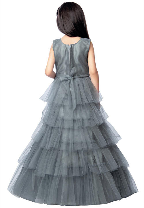 Embroidered Net Tiered Gown in Grey