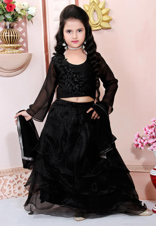 Embroidered Organza Flounced Lehenga in Black