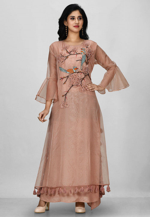 Embroidered Organza Gown in Dusty Old Rose