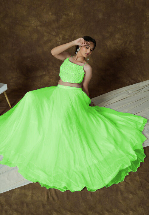Embroidered Organza Lehenga in Green