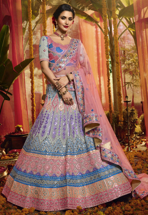 Embroidered Organza Lehenga in Light Grey and Multicolor