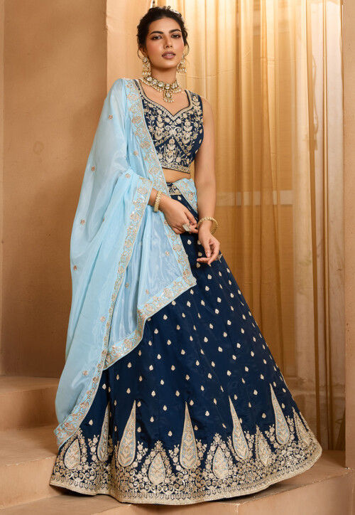 Embroidered Organza Lehenga in Navy Blue