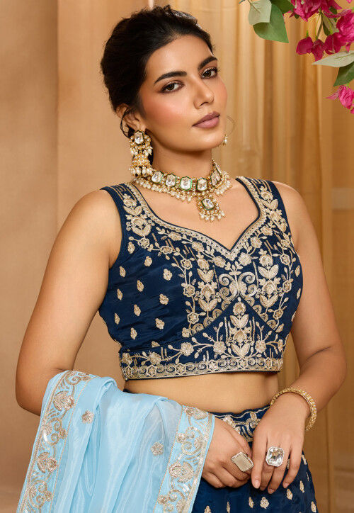 Embroidered Organza Lehenga in Navy Blue