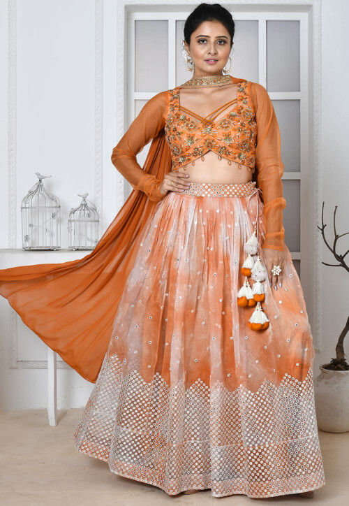 Orange Embellished Lehenga Choli In Handloom Silk