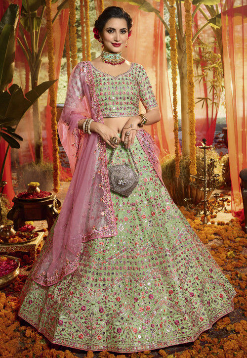 Embroidered, Resham and Zari Work Banarasi Lehenga Choli Online Green and Pink  Lehenga Choli| lovelyweddingmall.com