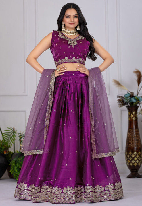 Embroidered Organza Lehenga in Purple