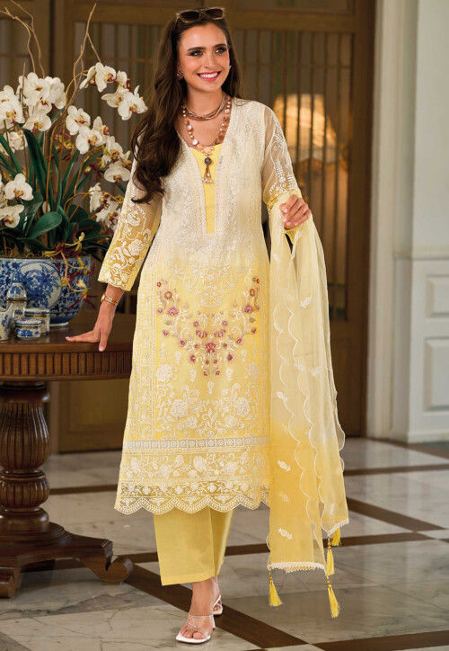 Embroidered Organza Pakistani Suit in Cream and Yellow