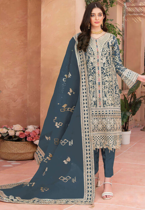 Embroidered Organza Pakistani Suit in Dusty Blue
