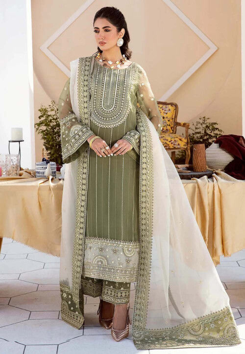 Green Organza Silk Pant Pakistani Suit main image 1