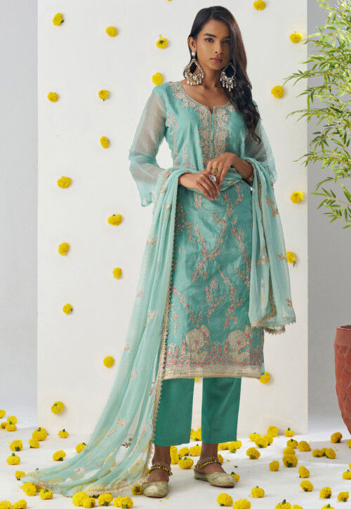 Embroidered Organza Pakistani Suit in Light Blue