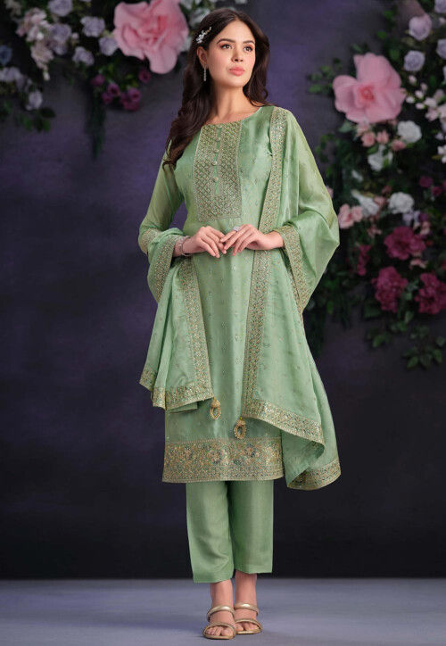 Buy Embroidered Organza Pakistani Suit in Light Green Online : KVG580 -  Utsav Fashion