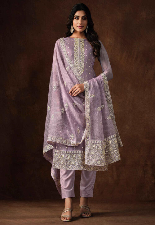 Buy Embroidered Organza Pakistani Suit in Light Purple Online ...