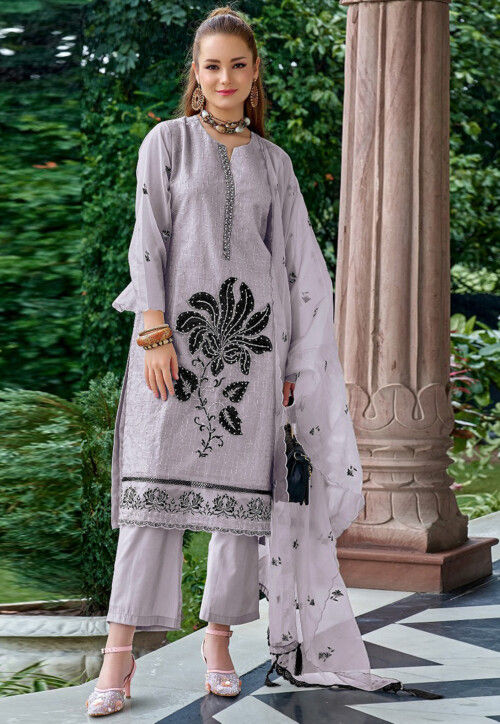 Embroidered Organza Pakistani Suit in Light Purple