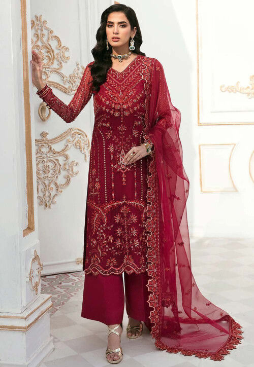 Embroidered Organza Pakistani Suit in Maroon
