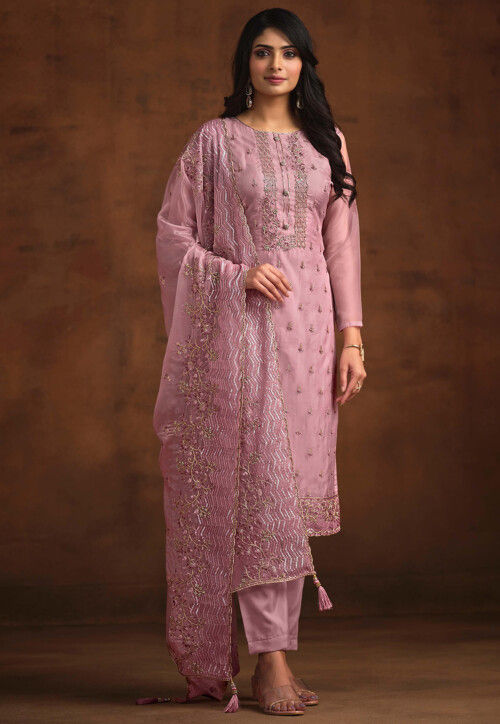Embroidered Organza Pakistani Suit in Pink