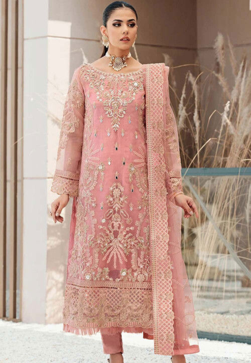 Embroidered Organza Pakistani Suit in Peach