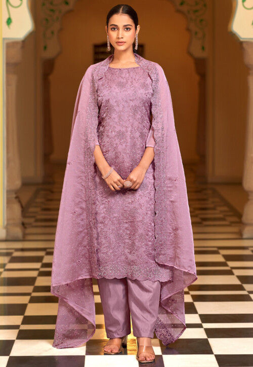 Embroidered Organza Pakistani Suit in Purple