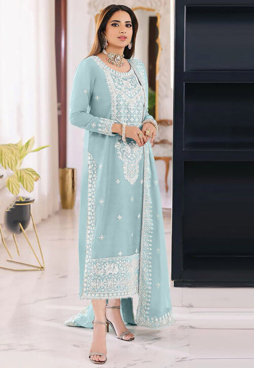 Embroidered Organza Pakistani Suit in Sky Blue