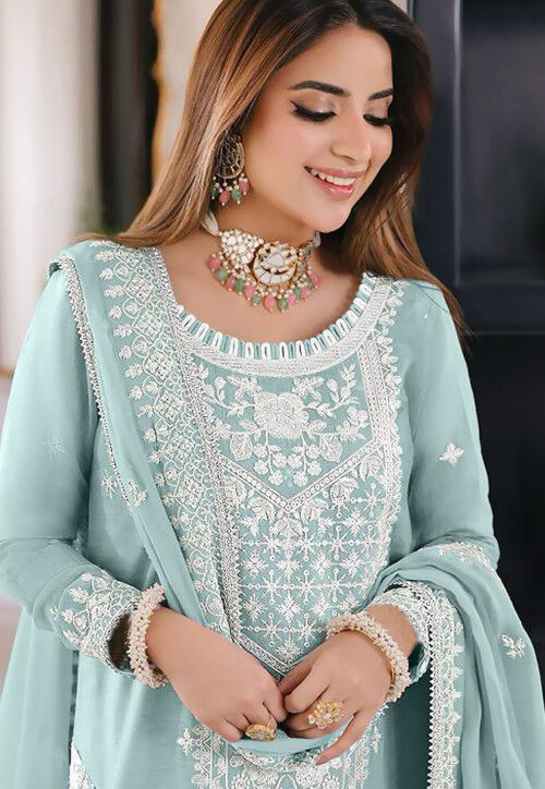 Embroidered Organza Pakistani Suit in Sky Blue