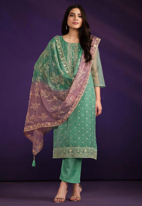 Embroidered Organza Pakistani Suit in Teal Green