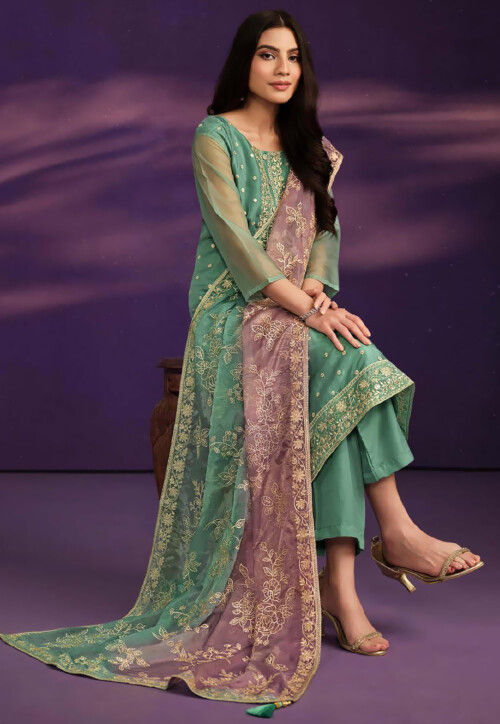Embroidered Organza Pakistani Suit in Teal Green