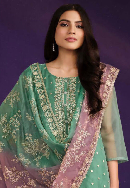 Embroidered Organza Pakistani Suit in Teal Green