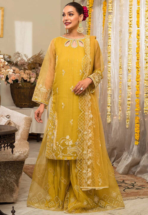 Embroidered Organza Pakistani Suit in Yellow